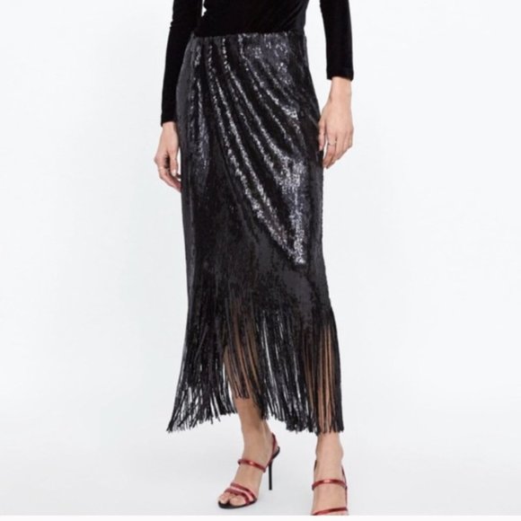 ๐ฅSHOWSTOPPER๐ฅZARA Black Sequin Wrap Fringe Hem Ankle Length Skirt - Picture 4 of 16